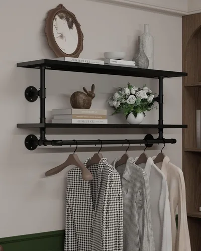 Vista 17 de Perchero negro de 36 pulgadas, perchero montado en la pared con estante de madera real negra, perchero colgante resistente, barra para colgar