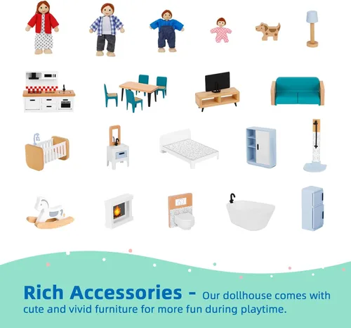 Vista 7 de OOOK Casa de muñecas de madera con elevador elevable, casa de muñecas moderna de 2.6 pies de alto para niños pequeños, incluye 21 muebles, 4 muñecas