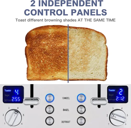 Vista 2 de CUSIMAX Tostadora de 4 rebanadas, pantalla LED ultra clara y ranuras extra anchas, paneles de control dobles de 6 ajustes de sombra, función