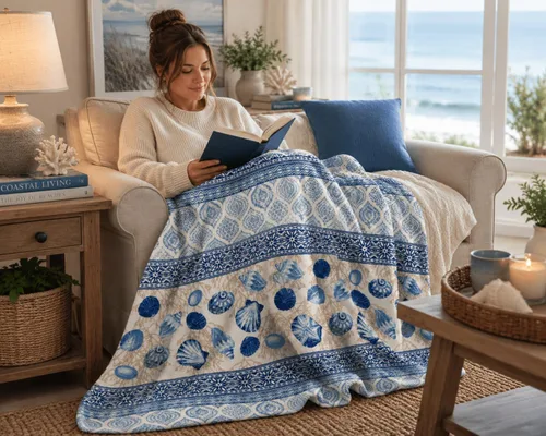 Vista 2 de Manta Decorativa para Decoración del Hogar Vida Oceánica Costera: Suave Felpa de Terciopelo Polar Tonos Calmantes de Azules, Verdes, Beige sobre