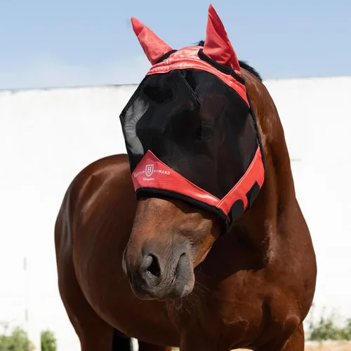Vista 126 de Harrison Howard Máscara de mosca de caballo luminosa profesional estándar con orejas protección UV para caballo, azul y plateado, pequeño poni Azul