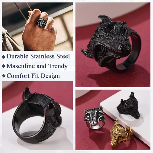 Vista 3 de FaithHeart Norse Viking Jewelry - Anillo de acero inoxidable de guerrero para hombre con diseño vikingo de cabeza de lobomartillo de Thor