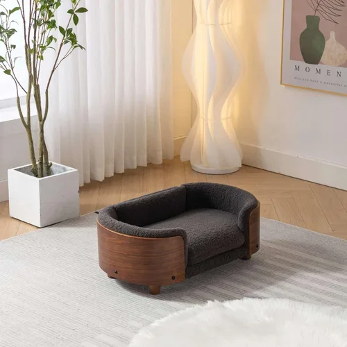 Vista 4 de Sofá cama elevado para mascotas con patas de madera maciza, respaldo de madera doblada y cojín de cachemira, muebles de lujo para mascotas