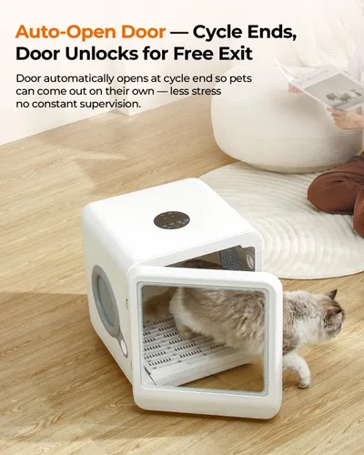 Vista 4 de Caja secadora automática de mascotas de 70 litros para gatos y perros pequeños (hasta 28 libras) - flujo de aire suave de 6 lados, 4 modos rápidos