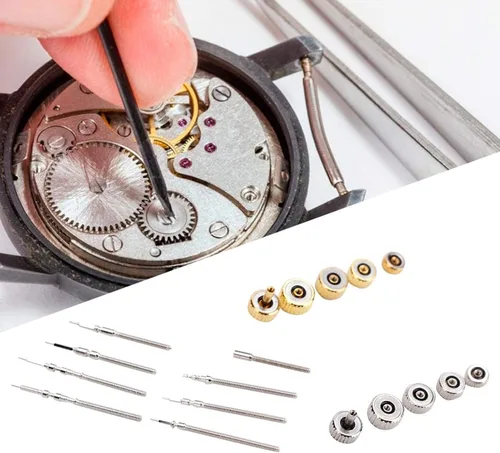Vista 5 de Kit de reparación de relojes, corona de reloj, corona de reloj de acero inoxidable, conjunto de resorte de corona de reloj, herramienta