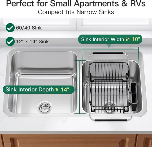 Vista 3 de Apartment RV Small Dish Drainer Drying Rack Over The Sink In Stainless Steel for Narrow Kitchen, Counter Space Saving Compact Expandable Metal Plate