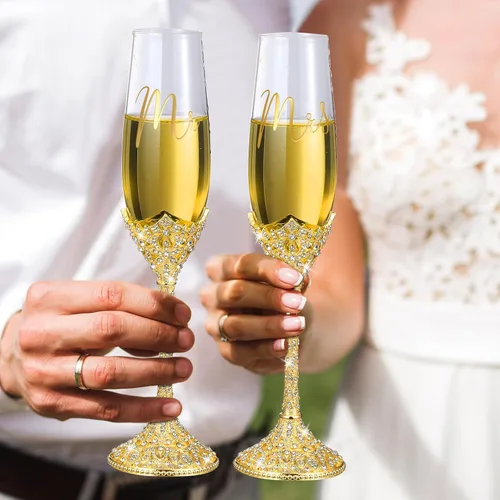 Vista 6 de Sratte - Juego de 4 cuchillos para pastel de boda y copas de champán, color dorado Toasting Crystal Rhinestone Champagne Flutes, Glasses Cake