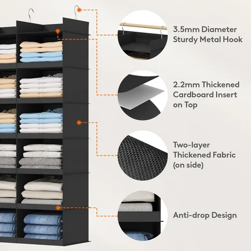Vista 4 de Lifewit Estante colgante de doble fila para armario, estantes de ropa con 3 ganchos resistentes para organización de ropa, contenedor plegable