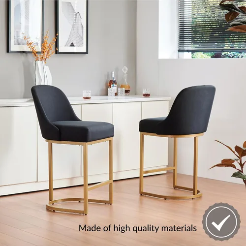 Vista 29 de Leick Home 214536 Barrelback Silla de comedor con base de metal, juego de 2, para comedor, asiento moderno de lino negro y base de metal dorado