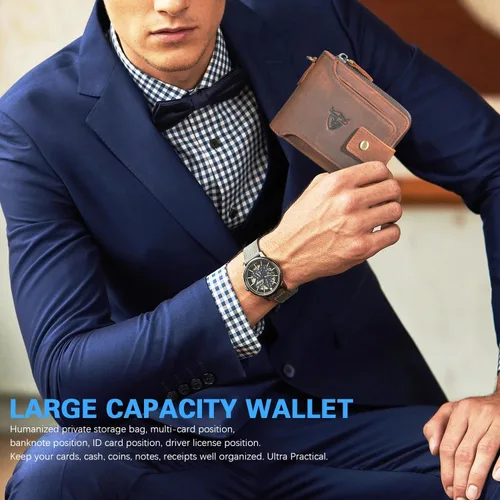 Vista 7 de Handadsume Genuino caballo loco cuero viaje regalo moneda bolsillo tarjeta caso largo organizador cadena Rfid monedero con broche para hombres