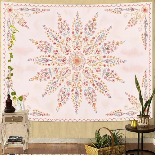 Vista 11 de Fowocu Tapiz bohemio con mandala floral para colgar en la pared, medallón de flores bohemias, tapiz estético, beige, naranja, hippie, indio, pequeño