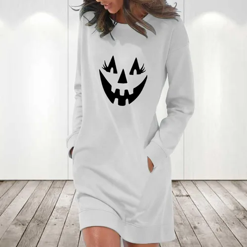 Vista 2 de Vestido de Halloween para mujer, casual, color sólido, manga larga, cuello redondo, bolsillo