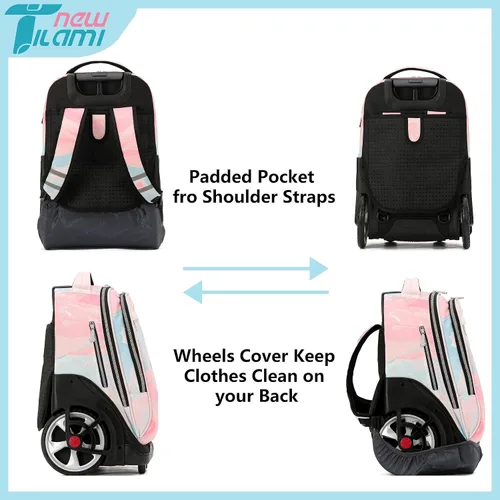Vista 26 de NEW TILAMI Mochila con ruedas de 19 pulgadas con bolsa de almuerzo para niñas y niños, mochila para laptop con ruedas, bolsa de mano duradera