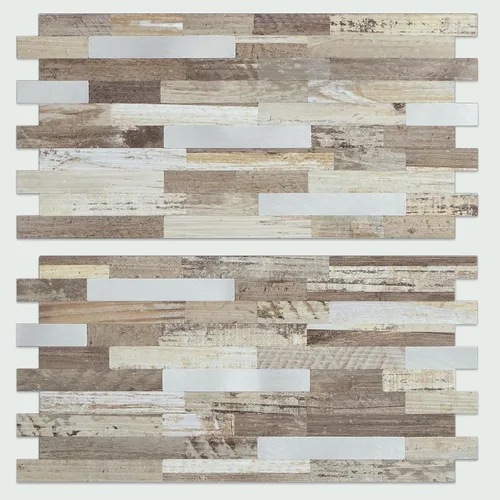 Vista 20 de AULIGET - 20 láminas de azulejos de pared de PVC autoadhesivos con aspecto de madera desgastada, para salpicadero de cocina Madera vintage + metal