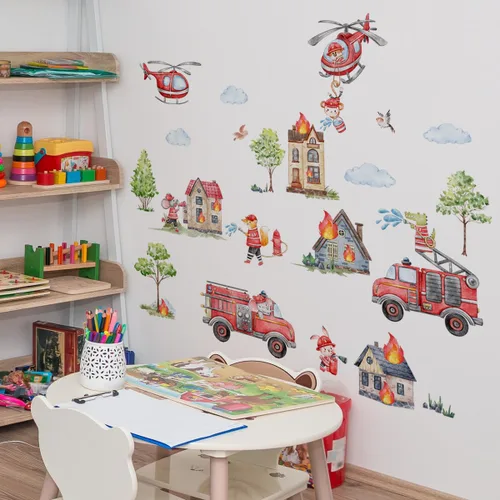 Vista 3 de Runtoo Calcomanías de pared de camión de bomberos, calcomanías de pared para automóvil, automóvil, helicóptero, bombero, decoración de pared