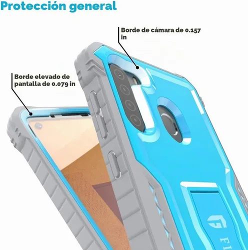 Vista 2 de FITO Funda para Samsung Galaxy A21, doble capa a prueba de golpes resistente con protector de pantalla para teléfono Samsung A21, soporte Azul