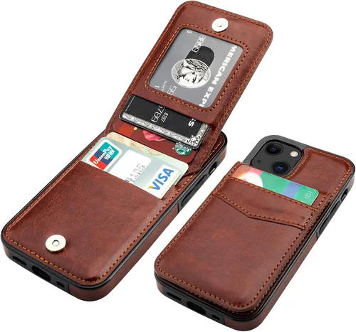 Vista 19 de KIHUWEY Funda compatible con iPhone 13 Mini con soporte para tarjeta de crédito, cierre magnético de cuero de alta calidad, resistente funda Negro