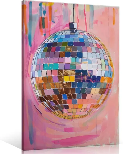 Vista 17 de Arte de Pared en Lienzo de Bola de Discoteca Rosa Suave de Moda, Póster con Textura de Bola de Espejo Plateada Funky para Chica, Impresión