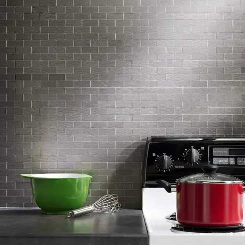 Vista 2 de Azulejos adhesivos de Aspect para salpicadero, de metal mate, diseño de tipo metro, para cocina y baño, Plateado