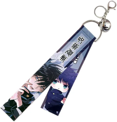 Vista 6 de RJZMING 5 llaveros Jujutsu Kaisen Gojo Satoru Cosplay Itadori Yuji Nobara Kugisaki Cosplay disfraces llaveros colgantes con cinta y campana