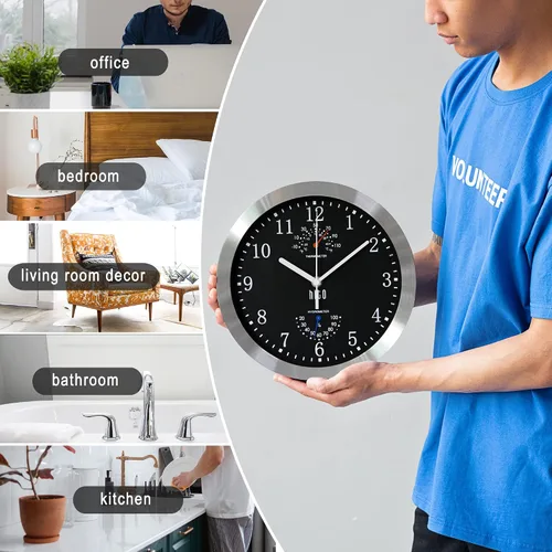 Vista 5 de HITO Reloj de pared silencioso de 10 pulgadas, funciona con pilas, sin tictac, cubierta de vidrio, marco de aluminio plateado, para decoración