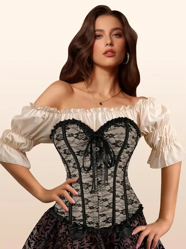 Vista 3 de Zhitunemi - Corsés para disfraz de vampiro para mujer: Corsé floral para mujer, trajes de Moulin, burlesque Beige