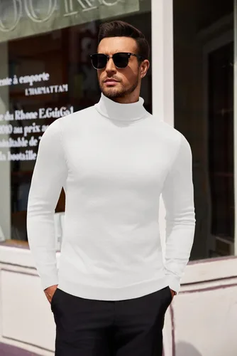 Vista 3 de COOFANDY Suéter de cuello alto ajustado para hombre, casual, básico, de manga larga, suéter de punto