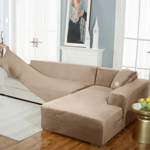 Vista 4 de IMYOGI Fundas de sofá de alta elasticidad en forma de L, 2 fundas de sofá seccionales, una para sofá porción uno para diván, de terciopelo, lavable