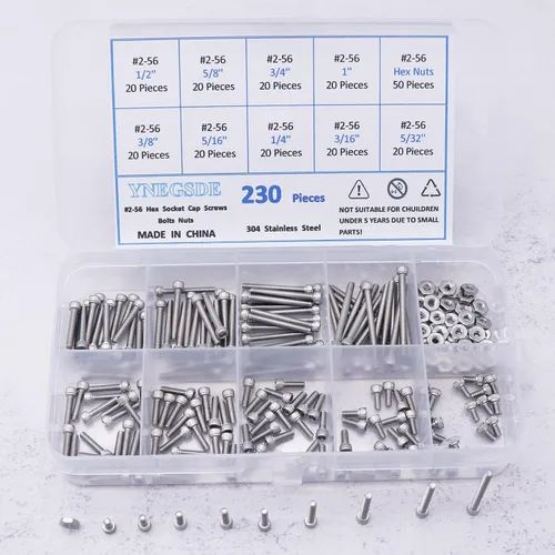Vista 5 de Kit surtido de tornillos de cabeza hexagonal, tornillos y tuercas 2-56 UNC, kit surtido de tornillos de máquina 304 de acero inoxidable 304, rosca