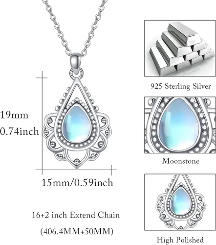 Vista 5 de OHAYOO Lotus Necklace 925 Sterling Silver Lotus Flower Moonstone Opal Pendant Necklace Gift Jewelry for Women