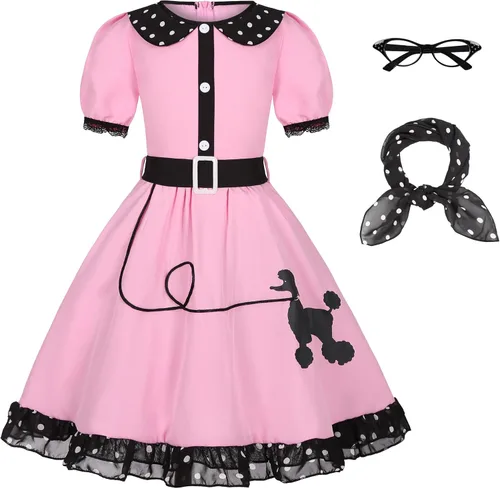 Vista 5 de 50s Costumes for Girls 50s Poodle Dress with Polka-Dot Printed Scarf for Kids Halloween Costume