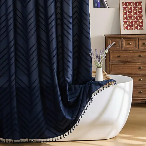 Vista 60 de Cortina de ducha Siiluminisoy de 36x72 beige, cortina de ducha de tela de tamaño pequeño, cortinas de ducha de tela con tufting, diseño chevron a