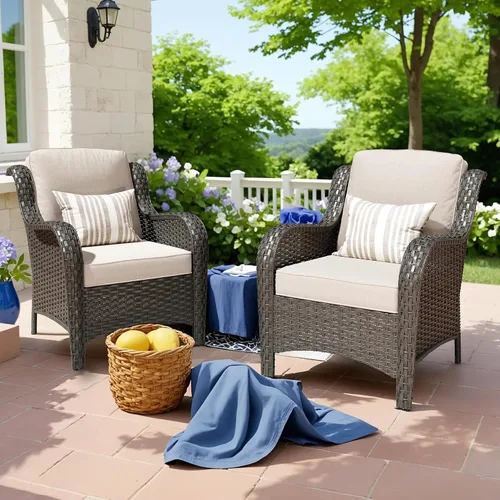 Vista 14 de Juego de muebles de exterior para patio, silla y sofá (ratán marrón, beige, 3 piezas)
