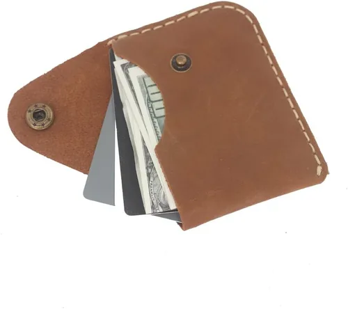 Vista 5 de Leather Card Holder Wallet, Compact Design with Slots for Cards and Cash (light brown)