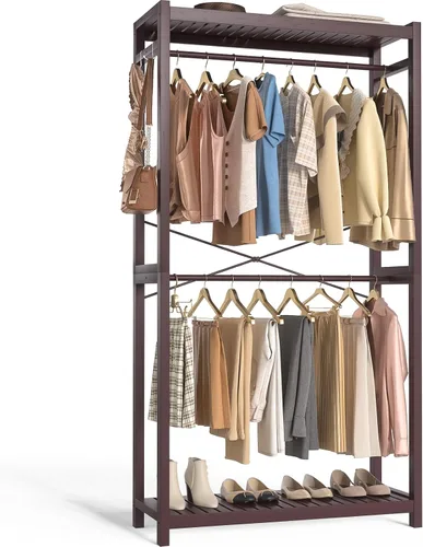 Vista 15 de Homykic Perchero de bambú para colgar ropa, perchero resistente con estantes ajustables de 7 niveles, varillas dobles, 4 ganchos, sistema de armario