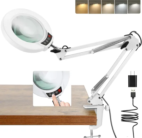 Vista 9 de Coyeth lupa de 10 aumentos con luz y abrazadera, lupa iluminada con soporte de vidrio real, lámpara de escritorio LED regulable sin escalones con 5