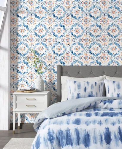 Vista 5 de HAOKHOME Papel tapiz geométrico para despegar y pegar, diseño de damasco floral azul/blanco/rojo, papel de pared extraíble, decoración moderna