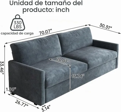 Vista 2 de Sofá biplaza azul de 70.07 pulgadas, sofá de asiento profundo tapizado para espacios pequeños, sofá de 2 plazas, terciopelo azul de poliéster suave