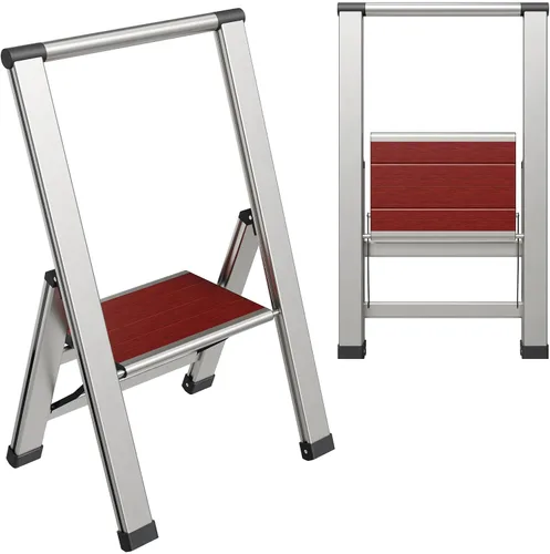 Vista 15 de Escalera de Peldaños de 1 Escalón Plegable, Decorativa - Hermosa Madera Gris y Aluminio Negro, Perfil Ultra Delgado, Peldaños Antideslizantes