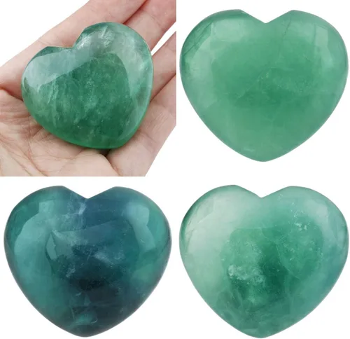 Vista 2 de TUMBEELLUWA Piedras curativas talladas corazón soplo de cristal de amor Chakra Worry Reiki Pocket Palm Stone 1.5 pulgadas, fluorita verde, paquete