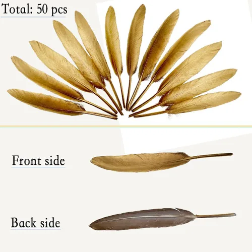 Vista 2 de LONDGEN 50 plumas de ganso naturales de 4 a 6 pulgadas para manualidades, boda, hogar, fiesta, decoración de plumas doradas y cajas de regalo Dorado