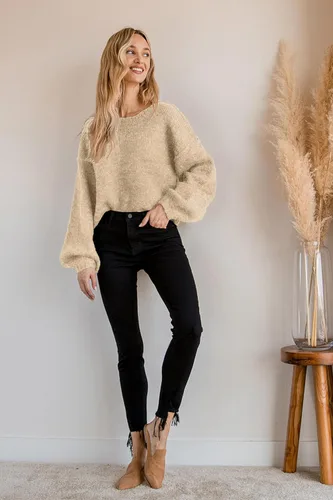 Vista 2 de Jumppmile Suéter corto para mujer, cuello redondo, manga larga, suéter de punto para otoño