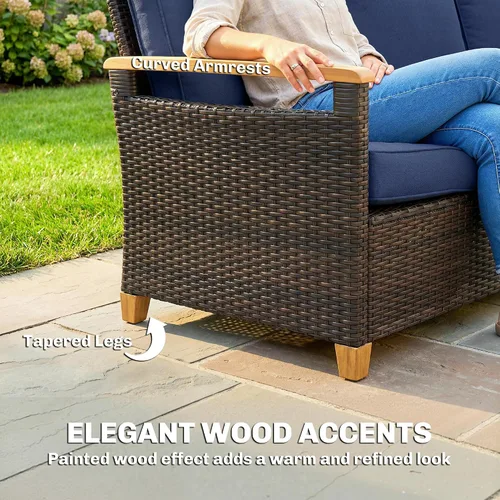 Vista 14 de Outsunny Sofá de 3 plazas para exteriores, sofá de mimbre PE para patio con asientos profundos amplios, cojines de espuma de 4 pulgadas Beige