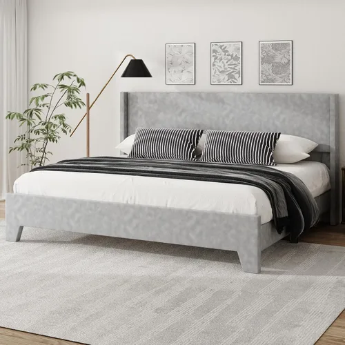 Vista 9 de Base de cama tamaño matrimonial con cabecero tapizado de imitación de cuero, resistente al desgaste, fácil de limpiar, base para colchón, no Beige