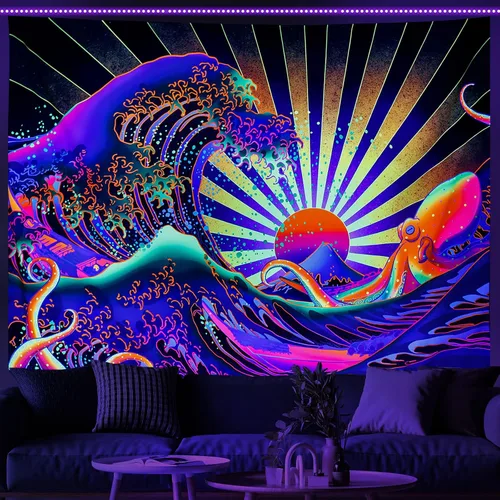 Vista 9 de Tapiz de Hongos con Luz Negra Reactivo a UV, Tapiz de Paisaje de Bosque Brumoso, Fantasía de Hadas en País de las Maravillas con Mariposas