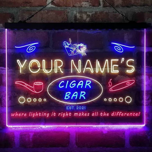 Vista 13 de Personalized Cigar Bar Lounge Tri-Color LED Neon Light Sign Customize Name Date Text Quote Font Green & Red & Yellow 13 x 8.7 Inches