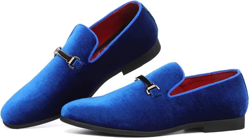 Vista 4 de Zapatos de vestir azules para hombre, mocasines de terciopelo para baile de graduación, zapatos de boda rojos, zapatos planos de conducción