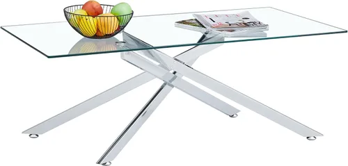 Vista 7 de Henf Mesa de centro rectangular moderna de vidrio transparente de 47 pulgadas, mesa de centro rectangular de vidrio templado para sala de estar