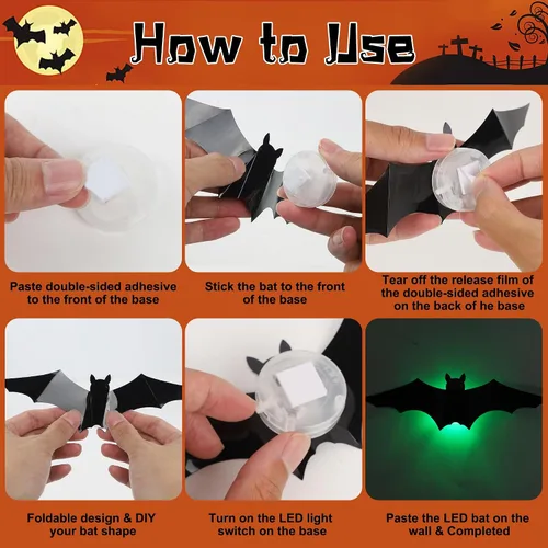 Vista 5 de DR.DUDU - Paquete de 36 murciélagos para decoración de pared de murciélagos para interiores Light Up Green LED, Assorted Size, 3D Bat Stickers
