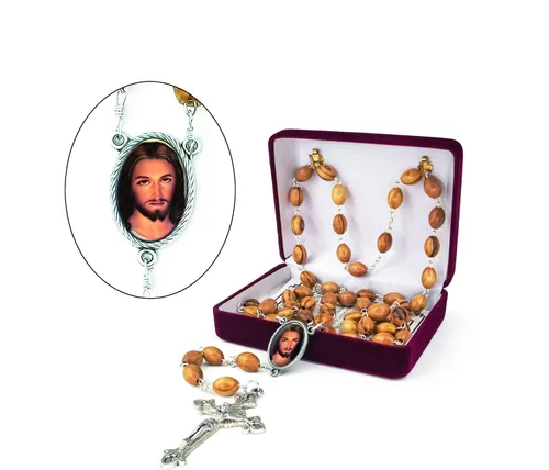 Vista 2 de TREE OF LIFE REV. 2214 Collar de rosario católico de madera de Israel, cuentas de rosario de madera de olivo con retrato de icono y colgante de cruz
